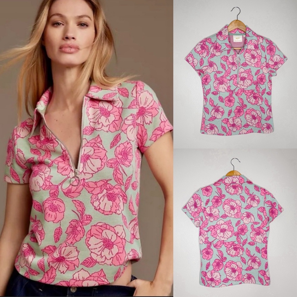 Maeve Anthropologie Knit Floral Jacquard Quarter Zip Top